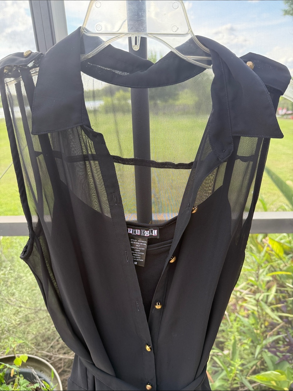 Paper doll black Sleeveless Chiffon Tie-Waist Mini Dress Sheer Yoke and Collar